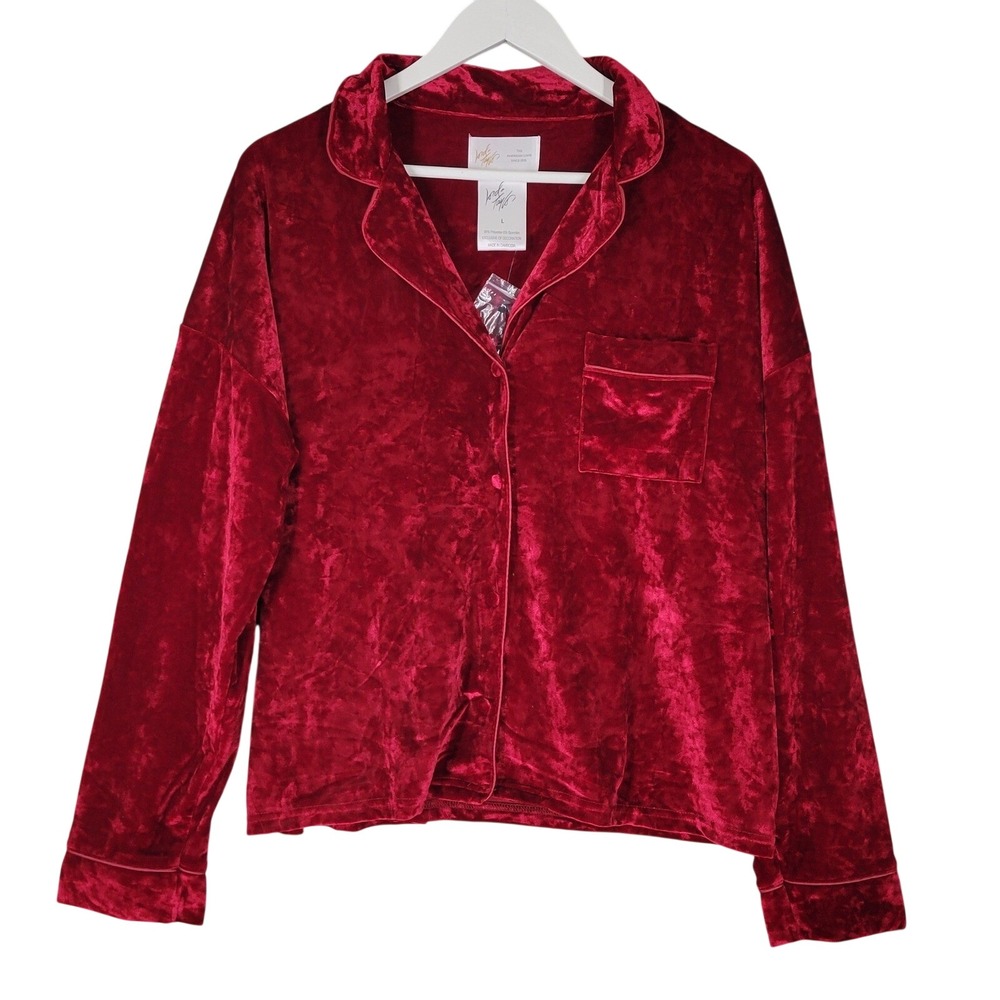 Lord & Taylor Pajama Top Womens Large Red Crushed Velvet Button Down Long Sleeve - Picture 1 of 8